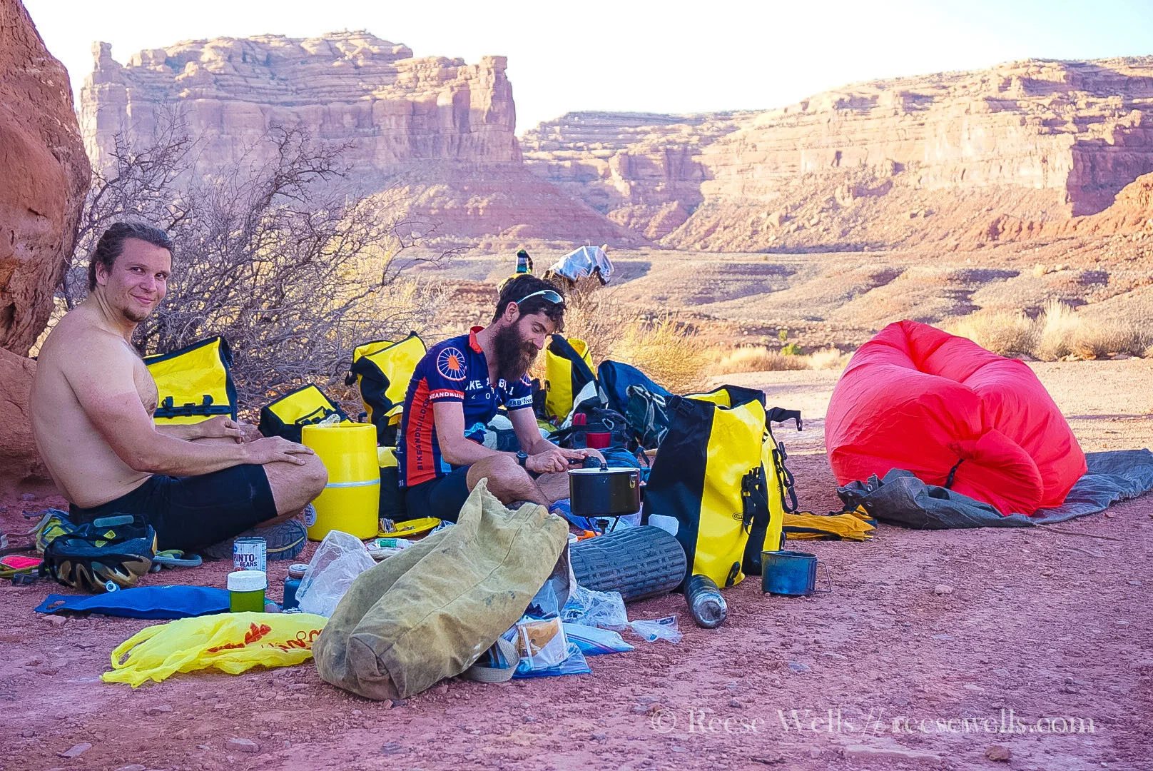 A typical camp scene - goofy smile from Tyler, Mark cutting up sweet potatoes, and a slowly deflating red couch.