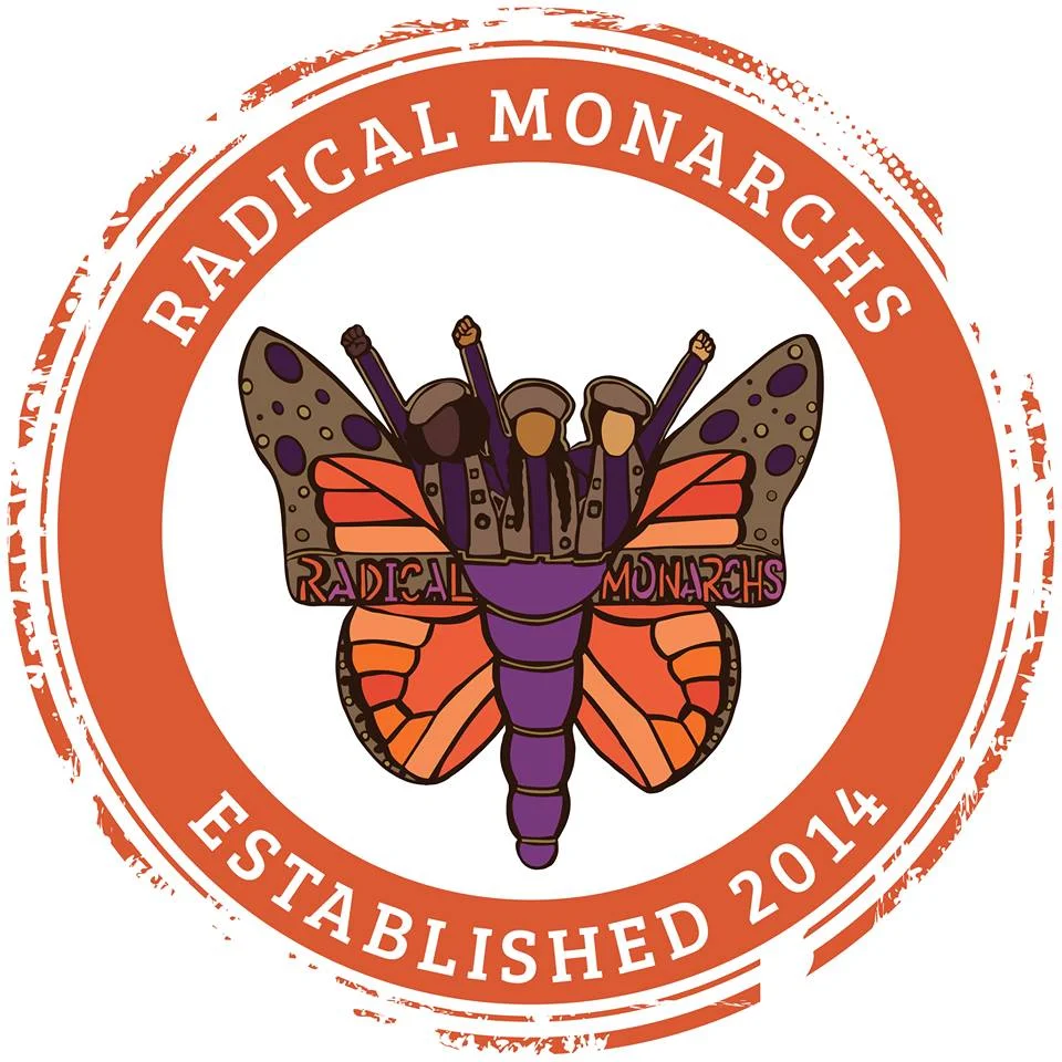 Image is Radical Monarchs logo, which consists of a large monarch butterfly with three young girls, wearing berets, coming out of the butterfly. The text reads "Radical Monarchs Est. 2014." Image via Radical Monarchs Facebook .