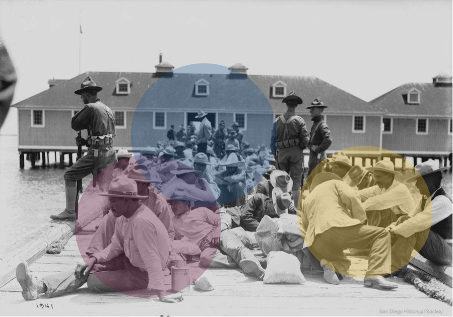 Black and white image of refugees sitting on a dock at Angel Island, with three guards watching over them. Three translucent, colored circles are placed on top of the image. Original image via NPR .