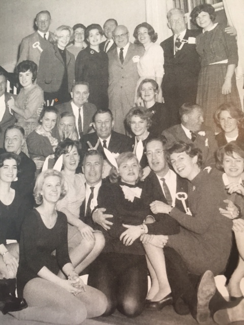 Check out Dad and me in front, center, with friend Betty Anne, whose dad couldn't come, dressed up as a PlayBoy bunny. 