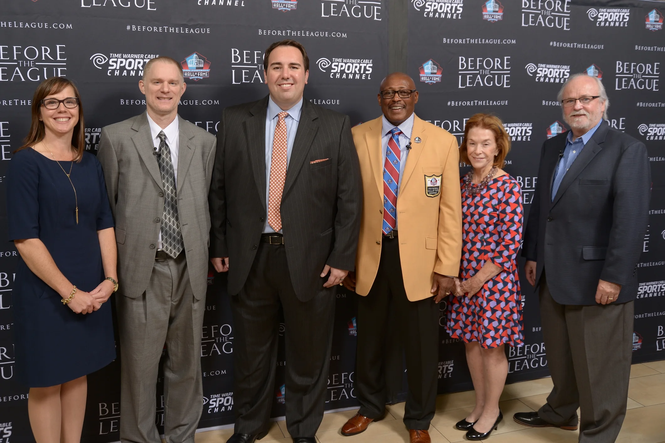 Alison Momeyer, Chris Willis, Jason Pheister, Floyd Little, Kate Buford, Joe Horrigan at the Before The League documentary premiere on October 27, 2015 at the Pro Football Hall of Fame in Canton, Ohio.