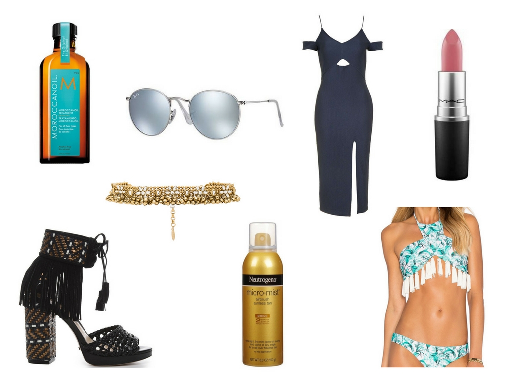 Original Moroccanoil | Ray Ban Round Metal Sunnies | Top Shop Cold Shoulder Midi Dress | MAC 'Mehr" Lipstick | Child of Wild Choker | Schutz 'Emannuelli' Heels | Neutrogena Micro-Mist Self Tanner | A Bikini A Day x Beach Riot Swim Suit 