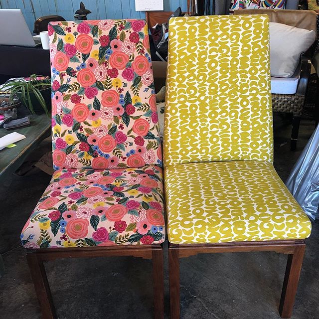 Two cutie pie chairs.  Fabric from @fabricateboulder #fixingfurniture #interiordesign #cutestchairsever #upholstery