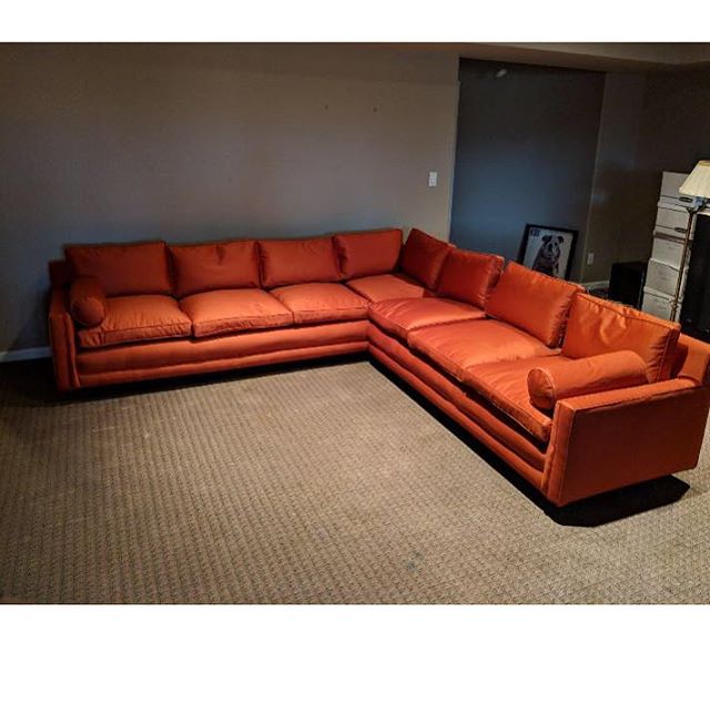 Just finished.  Beautiful orange silky sectional. #interiordesign #sectional #orangefabric #upholstery #readyfortheholidays