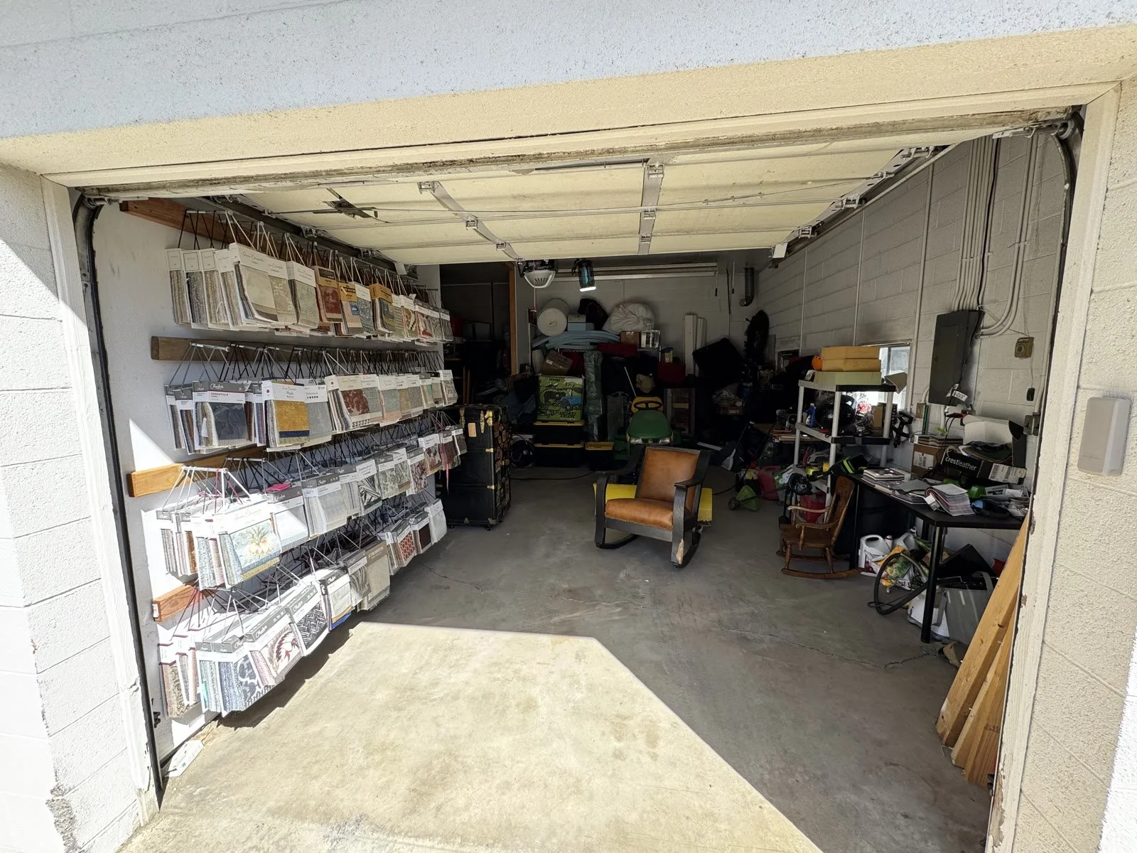 Fabric sample storage in shop garage