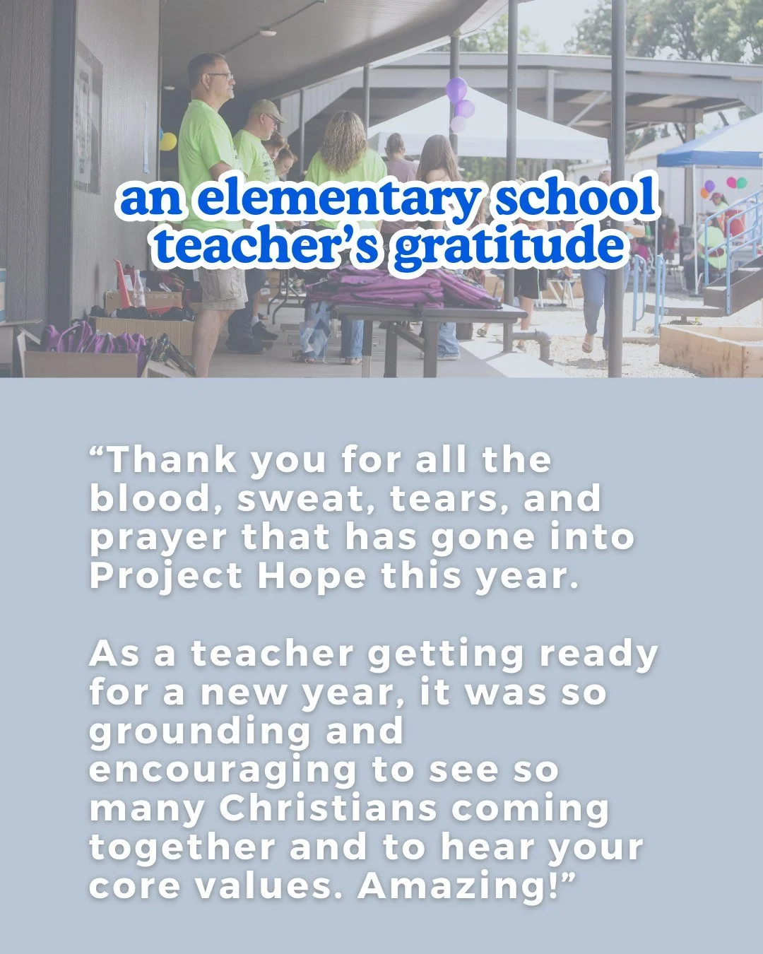 As more than 100 partners join together to serve 3,000+ students this weekend at Project Hope, here's what it means to a local teacher!

Let's get out there and serve with joy, choose people over tasks, and bring solutions wherever we go!