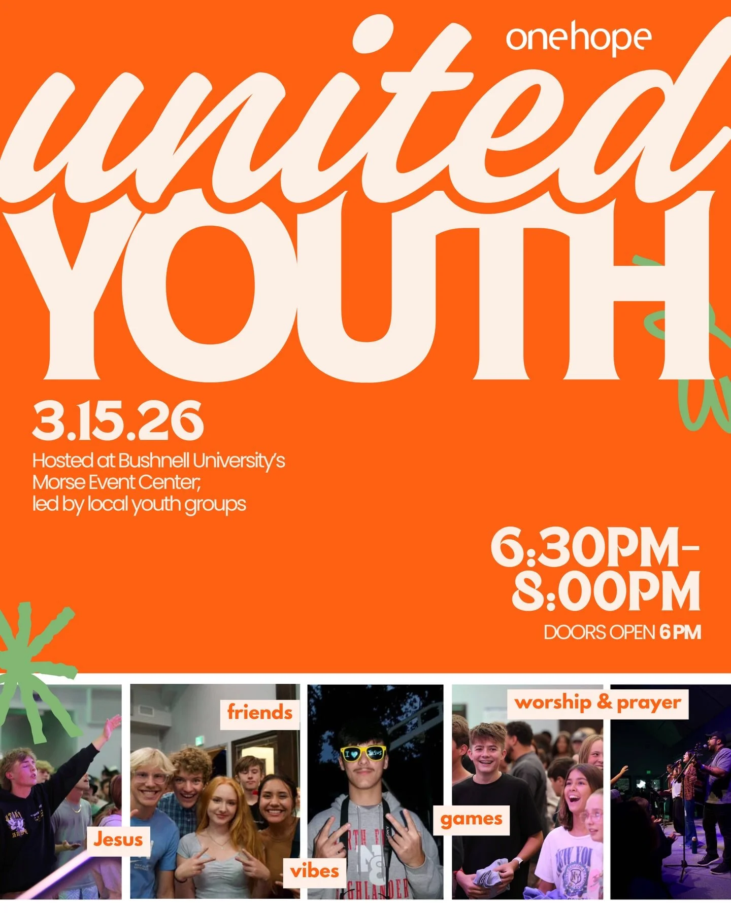 Middle &amp; High School students 📣 United Youth in ✌🏽weeks! 

Come for snacks, to meet other Christians at your school, to worship, to pray and ask God to do GREAT things in your generation. 

There are more followers of Jesus at your school than 