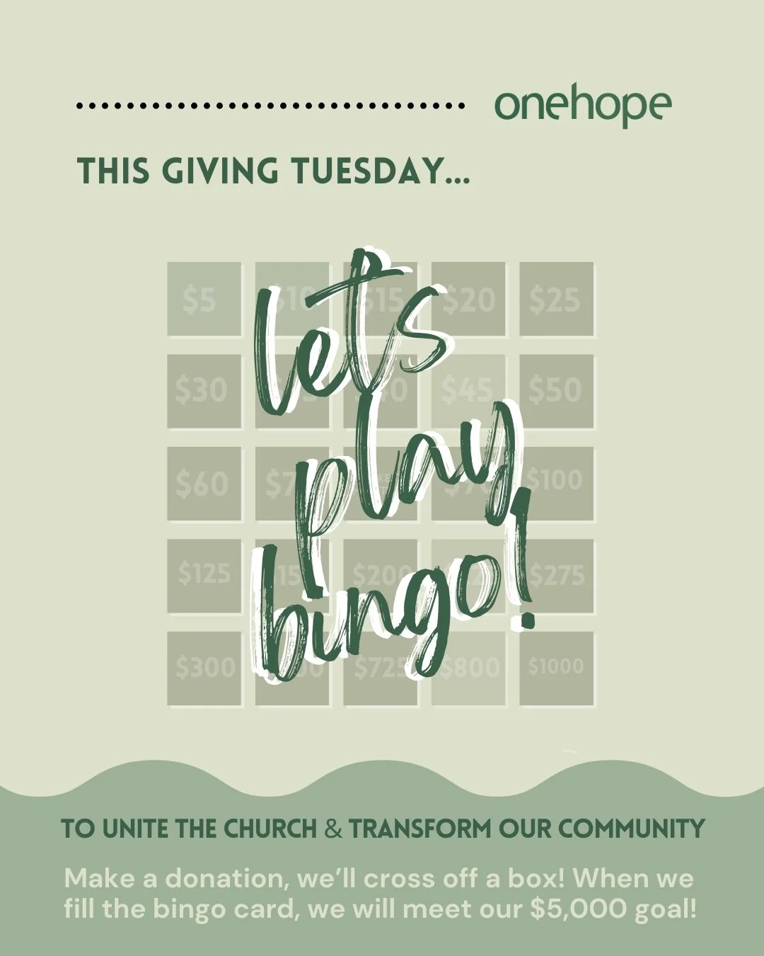 Bingo starts now! ✨ This Giving Tuesday, make a donation and we will cross off a box. When we fill the card, we&rsquo;ll have met our $5,000 goal to help unite the church and transform our community!

Link bio to give or Venmo @onehopenetwork

💫 Eve