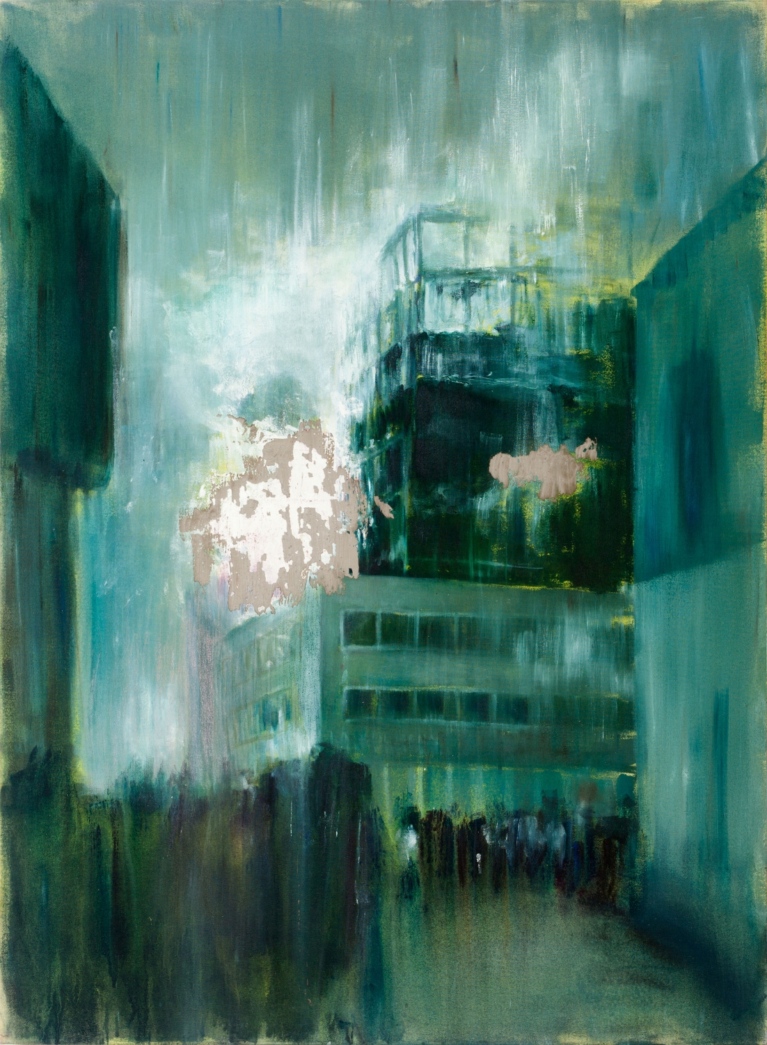 Incendio en el edificio de seguros la colmena 2 , 2014, óleo y cemento sobre tela, 150 x 110 cm.