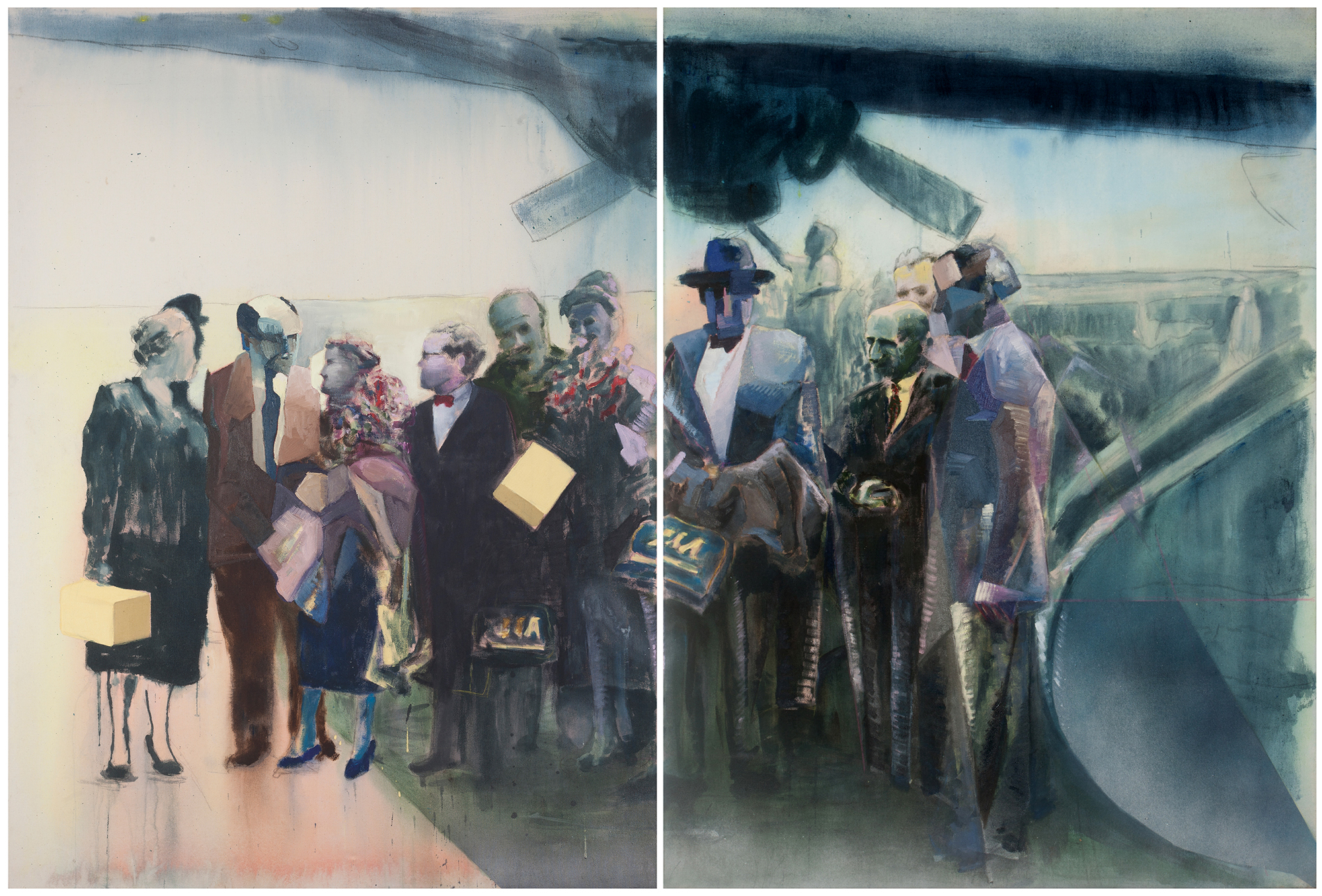    Llegada de Sert, Gropius y sus esposas a Lima; son recibidos en el aeropuerto por los arquitectos Velarde, Linder, Marquina y Belaunde; 1954,    2015, óleo sobre tela, 150 x 220 cm.  