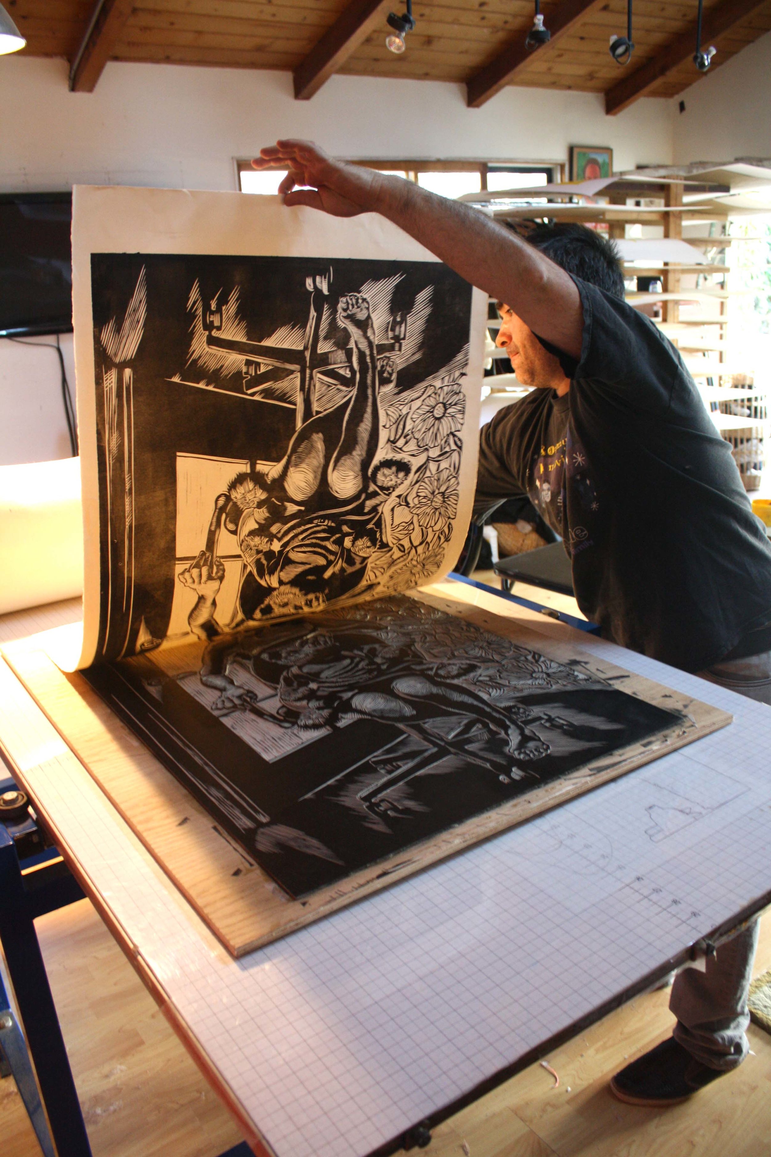 Artist Gregory Radionov Pulls a Print From His Linoleum Block - Spring 2014