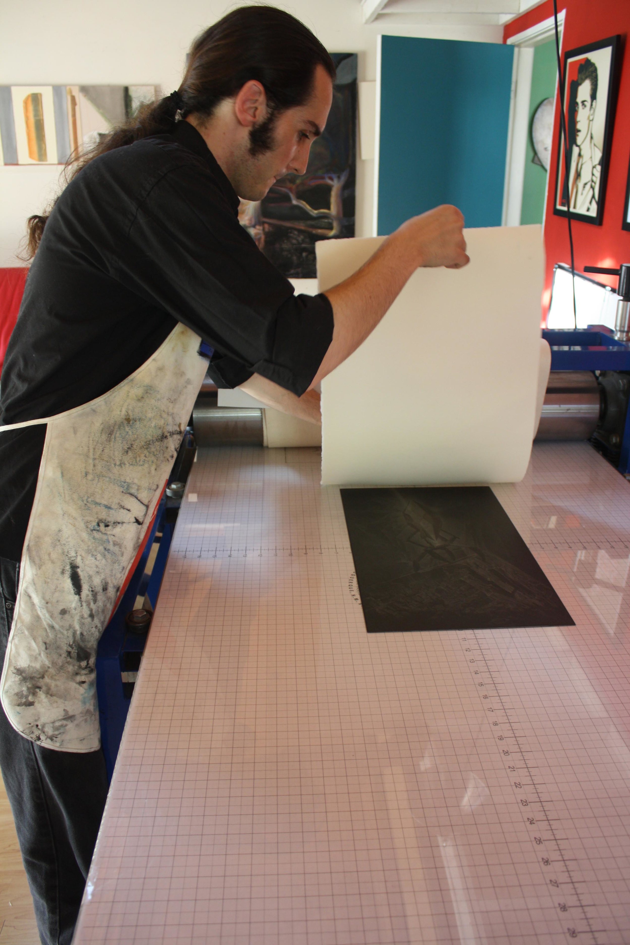 Artist-in-Residence Douglas Bosley Printing His Etching "LD:4334.0003" - Summer 2014