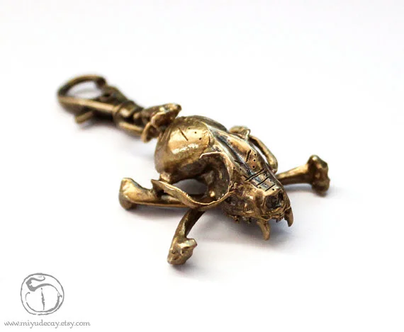 Miyu Decay Batskull and Crossbone Keychain - SOLD - The clasp length is about 1.25". The solid brass pendant measures approximately 1.5" in height and 1.25" in width. 