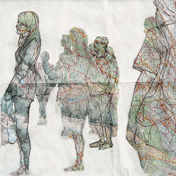 Waiting - $250 - Ink and Acrylic on Topographical Map, 9.5'' x 9.5'' UNFRAMED. 