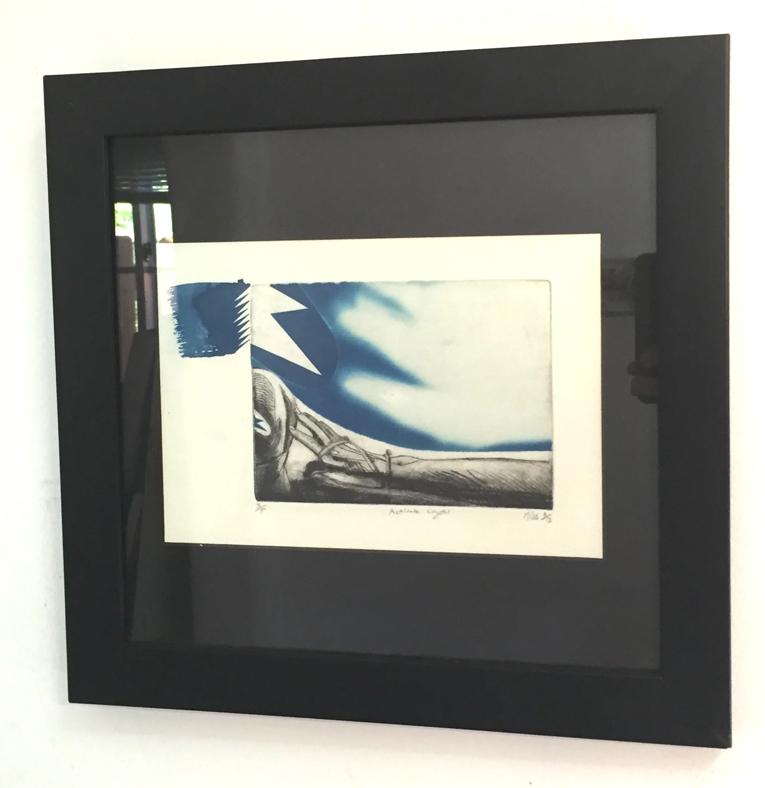 Activate Crystal - $230 - Unique Etching with Cyanotype on Paper, 12.5'' x 13'' FRAMED.