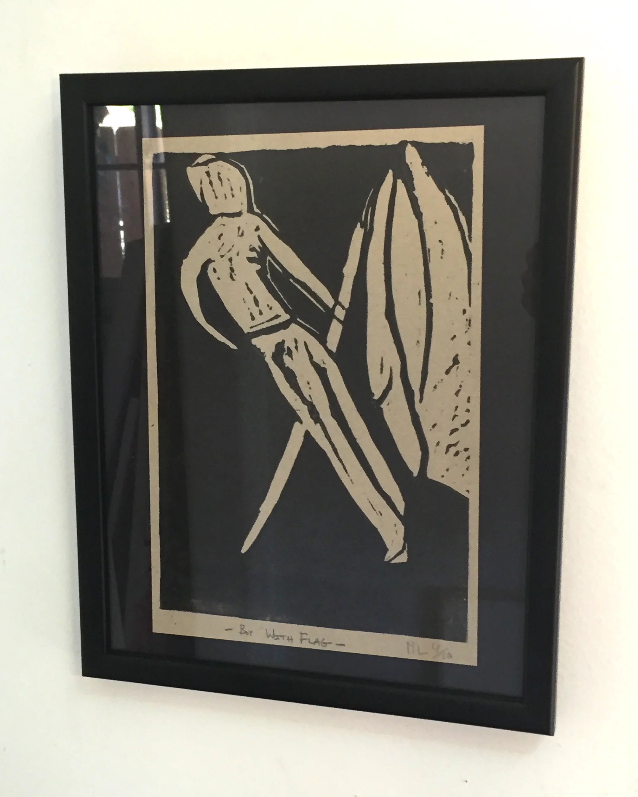 Boy with Flag - SOLD - Block Print on Paper, 9.5'' x 12'' FRAMED. 