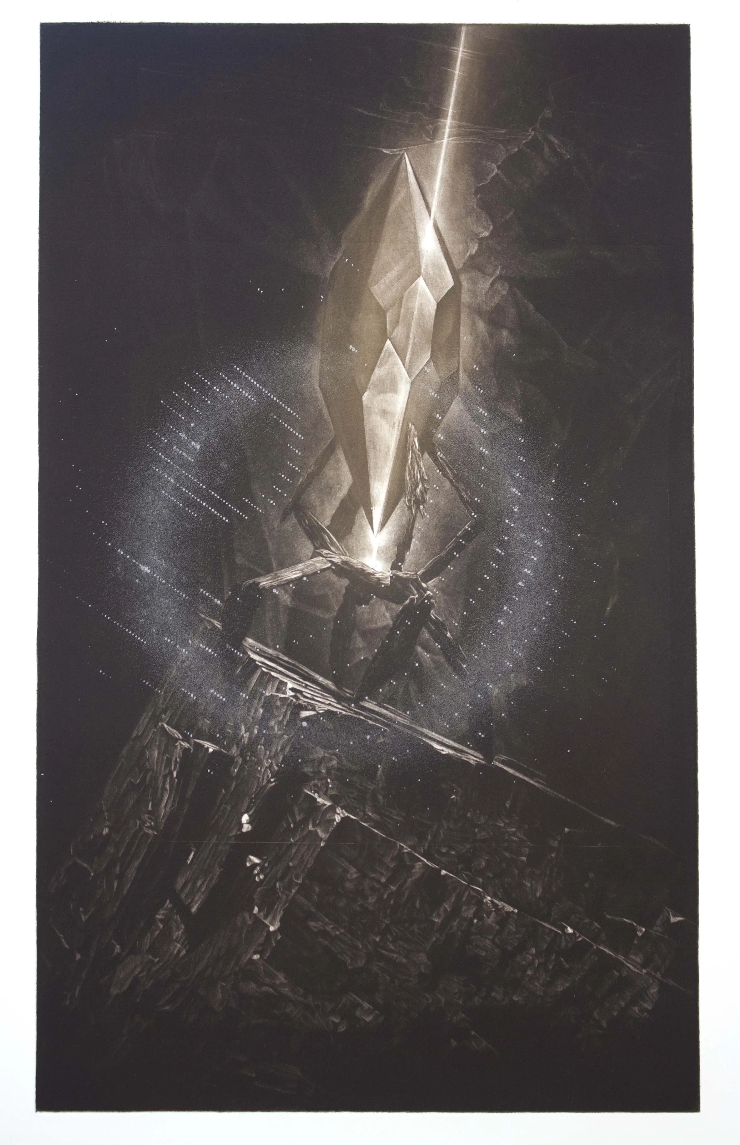 LD: 4334.0003 - $500 - Mezzotint with Polyester Plate Lithography on German Etch Paper, 15'' x 22'' UNFRAMED. Edition of 15. 10 available. 