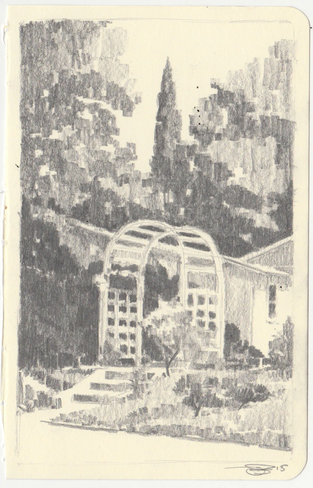 Front Yard - $200 - Pencil on Paper, 3.5'' x 5.5'' UNFRAMED.