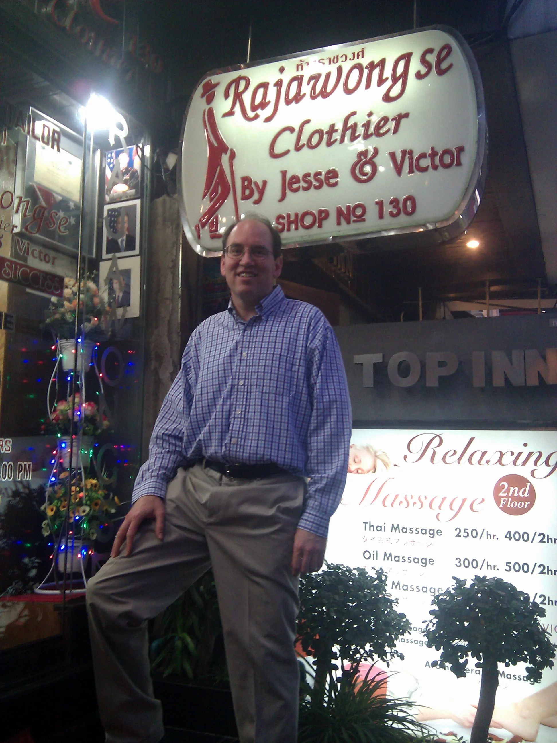 Based on a recommendation from a friend back-home, I made multiple visits to Rajawongse Clothier with Tom for a week-long custom-suit fitting process--what an experience! And the suits were a great fit!