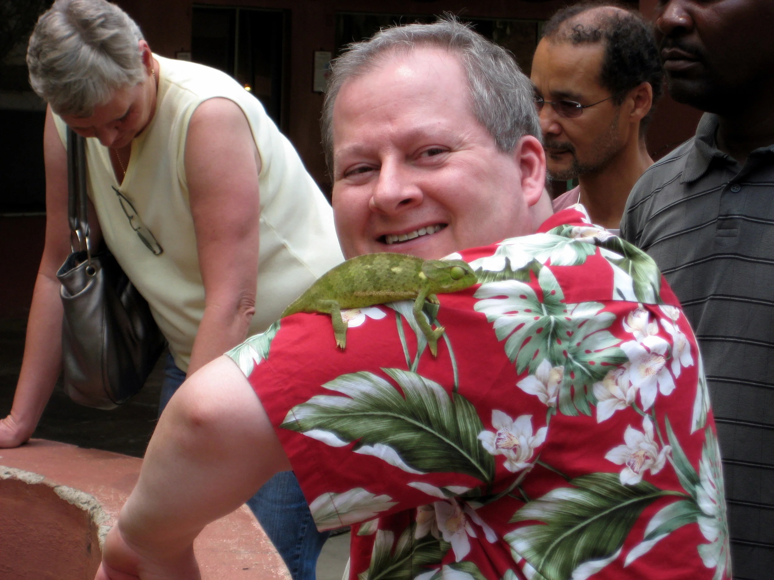  A chameleon hops onto Rod, though he can't turn red. 