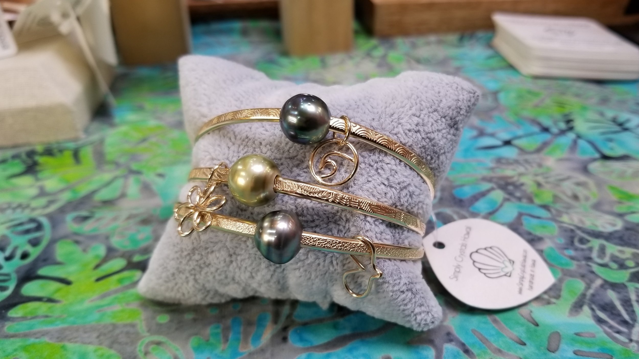 Handmade in Hawaii sustainably and ethically brass and large genuine pearl bangle or cuff stackable bracelet