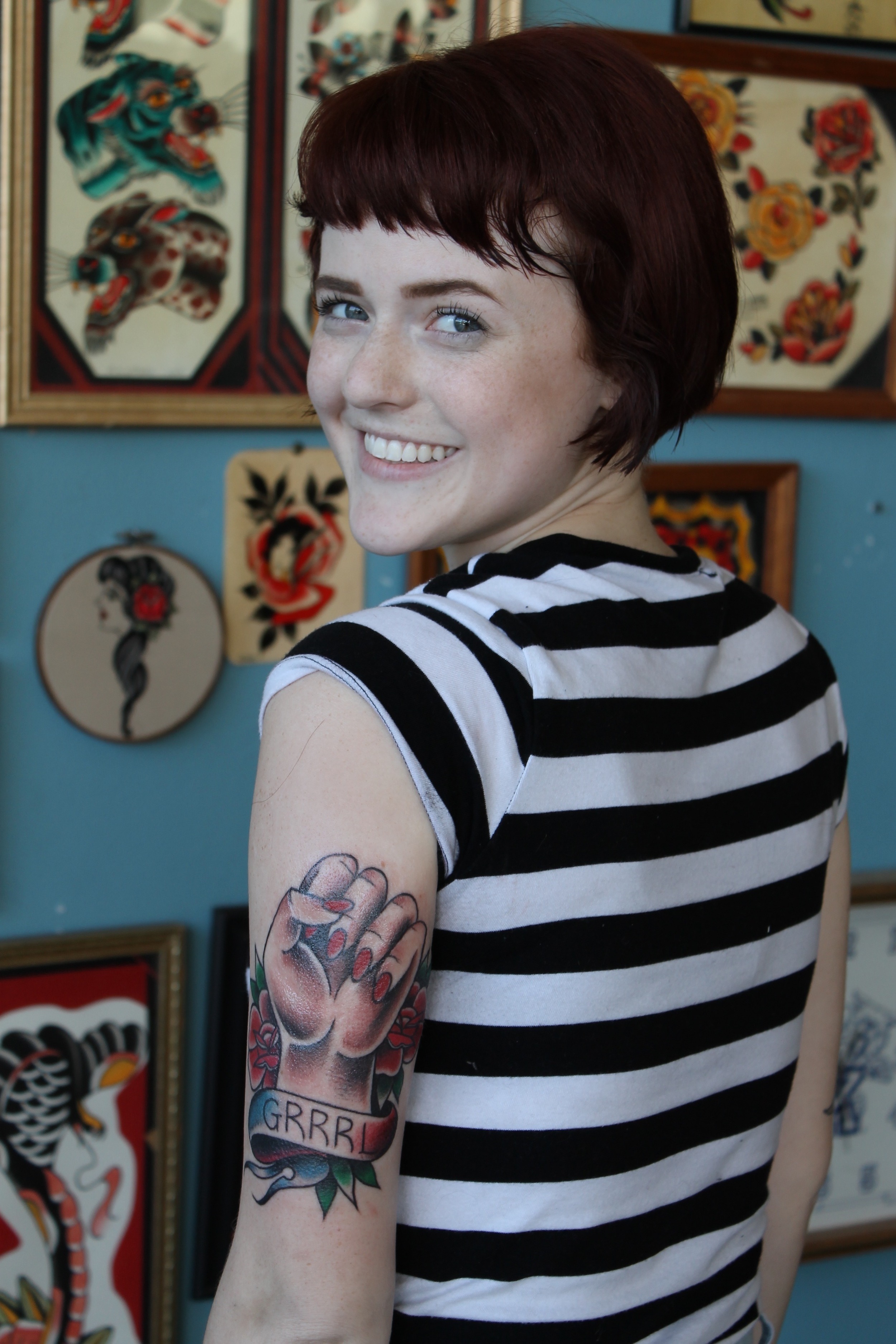  Rachel with her new tattoo from Nate Corder.&nbsp; 