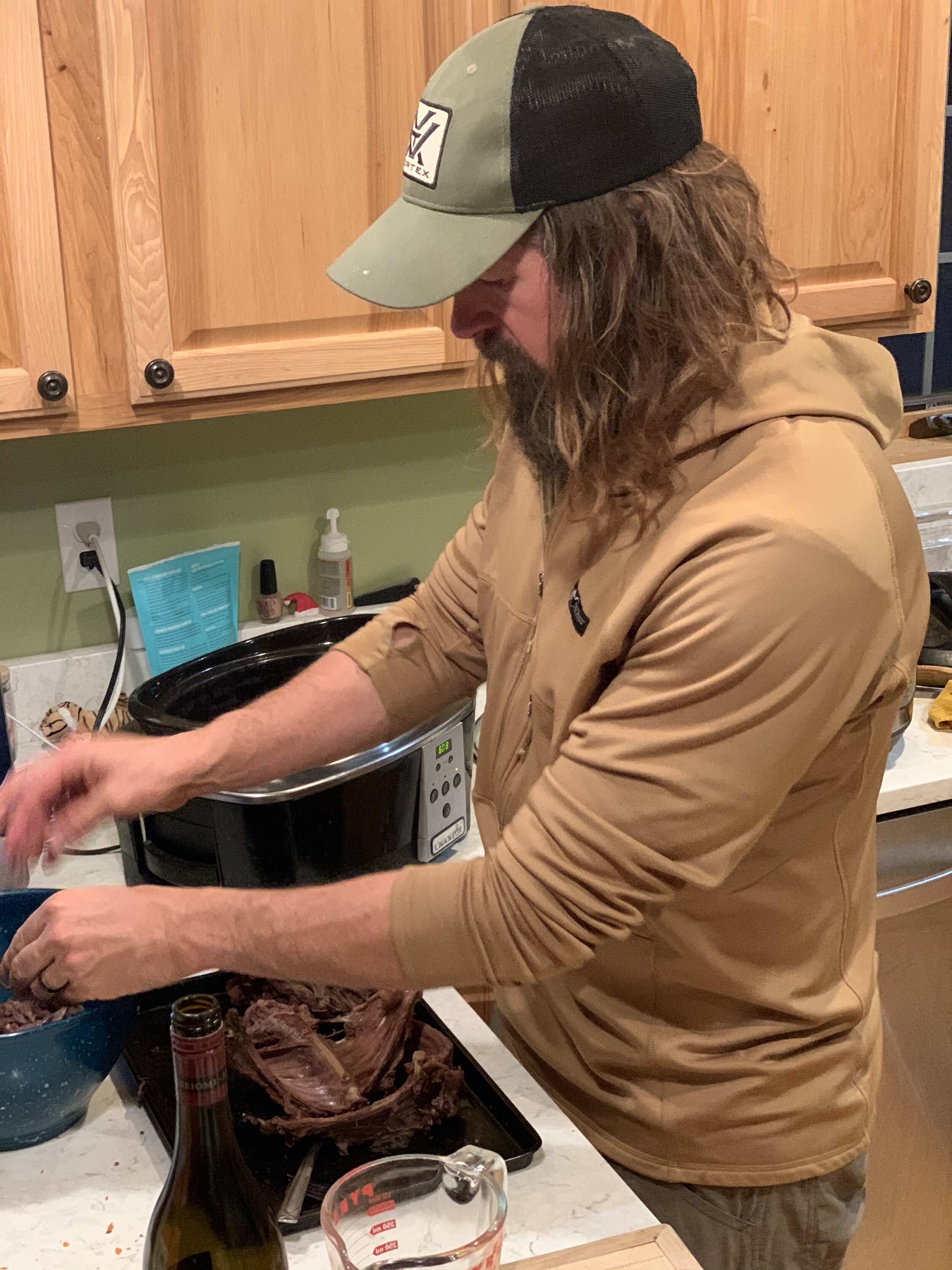Peeling off the meat.
