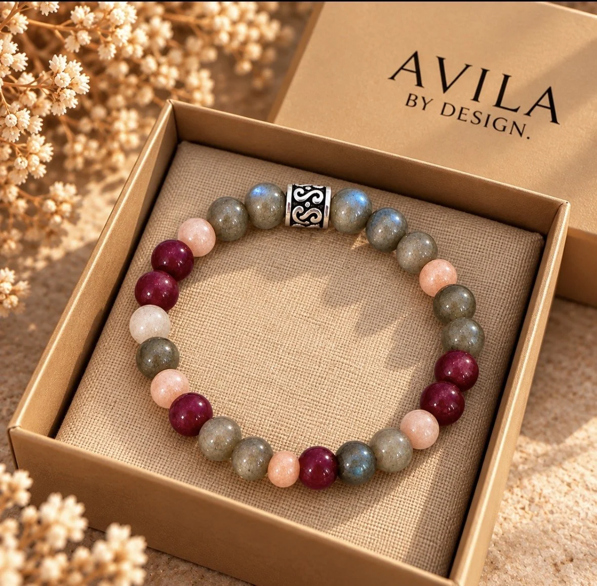 Cancer Birthstone Bracelet, Ruby Rainbow Moonstone Labradorite, Cancer Zodiac Gift for Her, Handmade Gemstone Jewelry