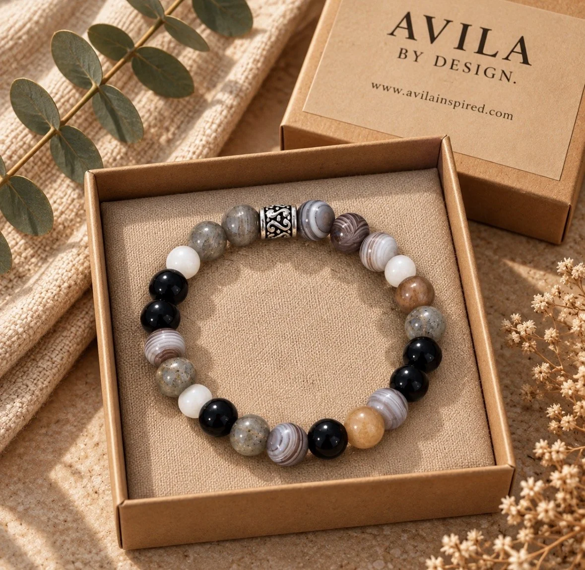 Gemini Birthstone Bracelet, Botswana Agate, Pearl, Black Onyx, Handmade NYC