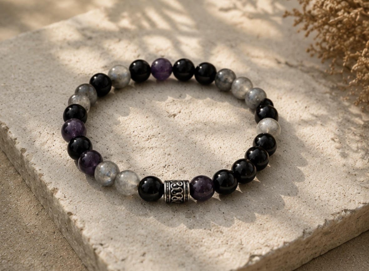 THE STEADY WITHIN | Labradorite, Amethyst, Black Onyx & Black Tourmaline Bracelet, Handmade in NYC