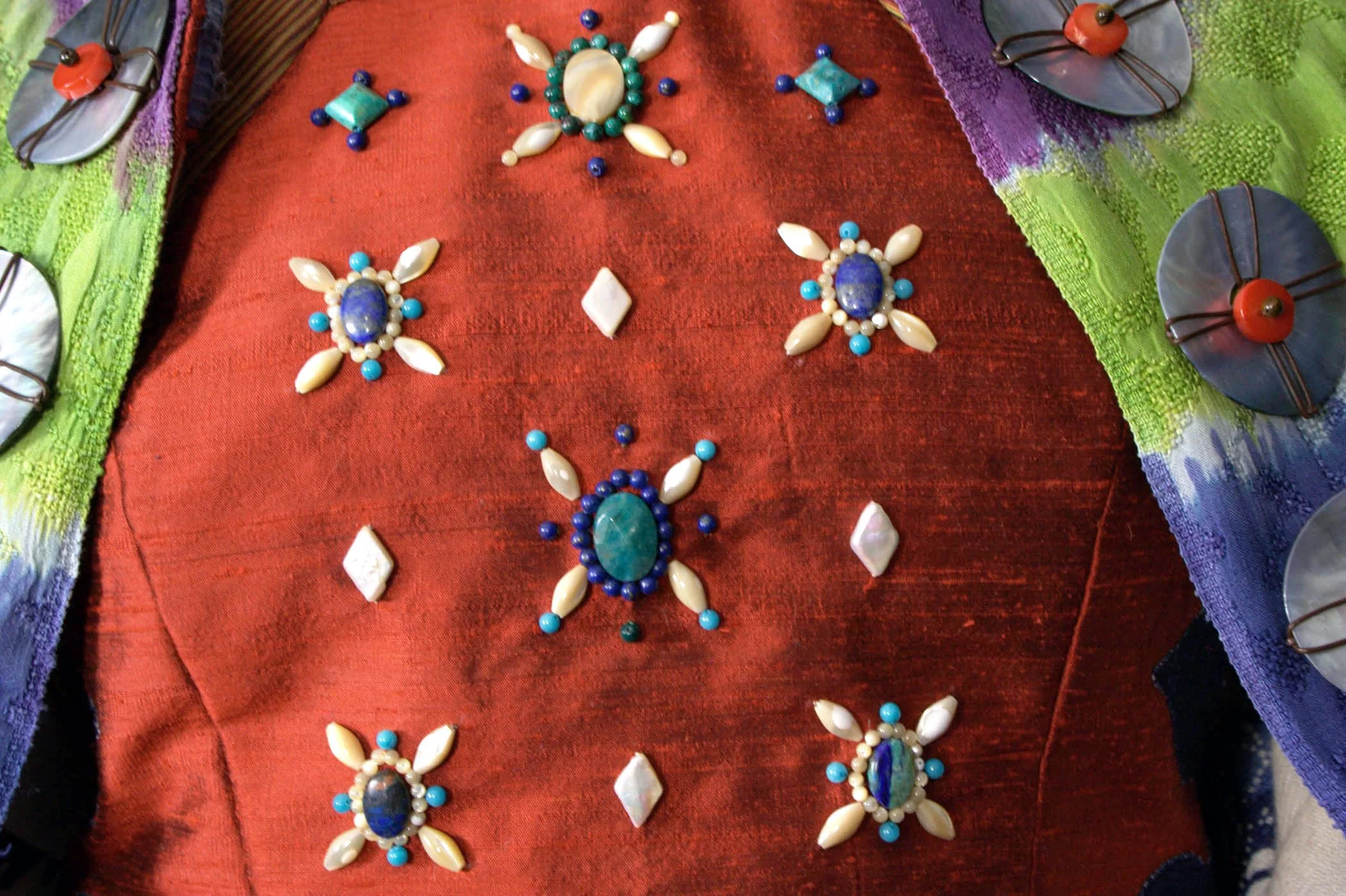 Lapis, pearls, shell beading on silk dupioni