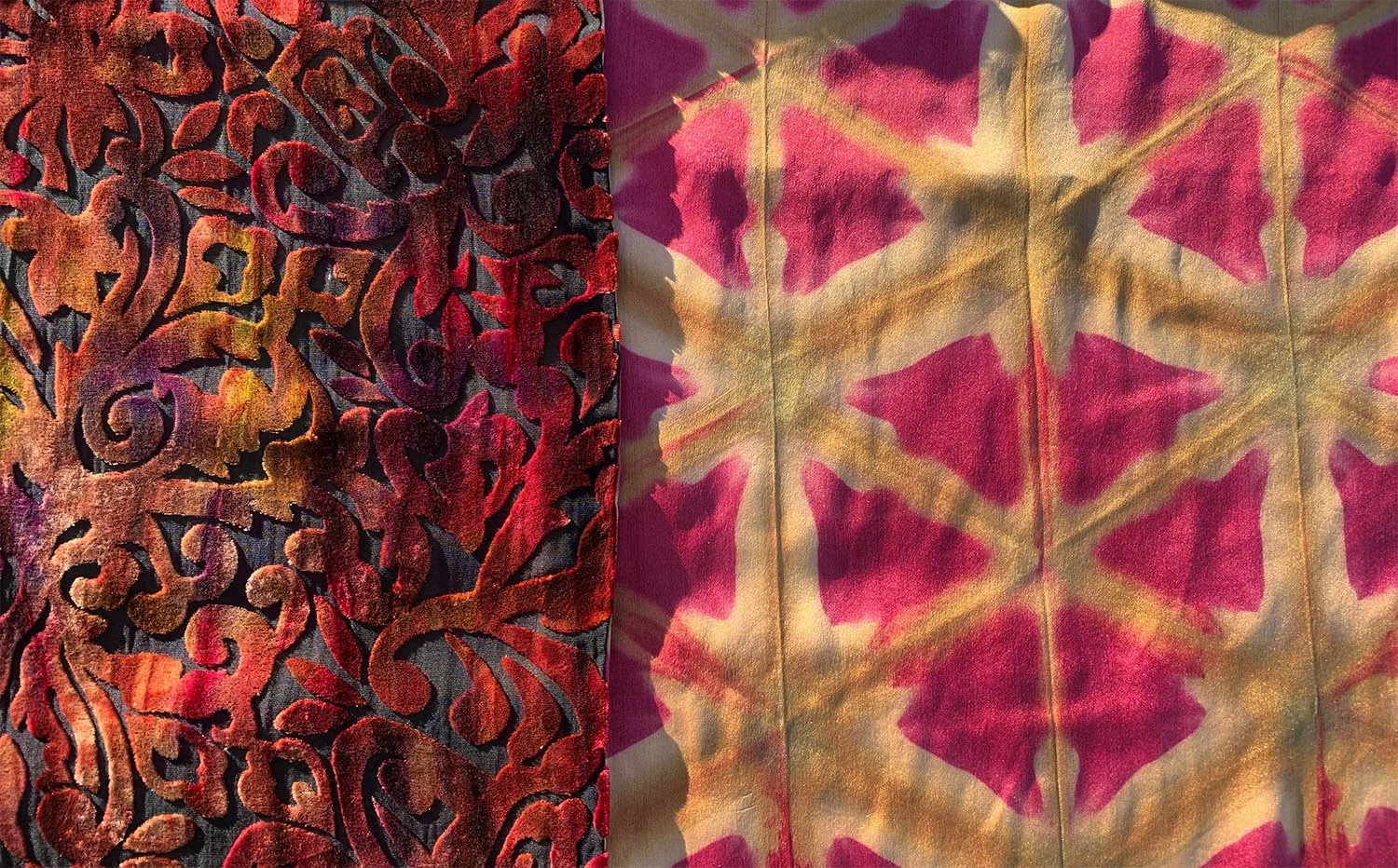 Shibori, fiber reactive dye  |  Rayon/silk burnout velvet, silk charmeuse