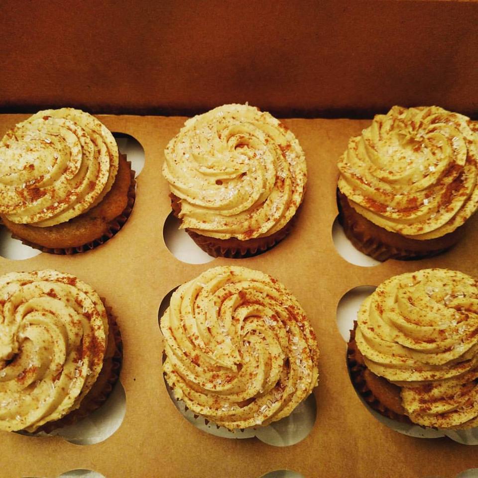 Banana and cinnamon batter cupcakes with a peanut butter, cinnamon, and sea salt frosting!