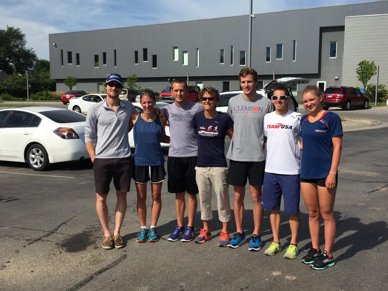 What do we do Sunday morning (at 6:30!) after the race? Coach Barb's clinic with more swimming and running of course! From left to right: Kevin, Alyson, Jesse, Coach Barb, Jack, me, and Erika