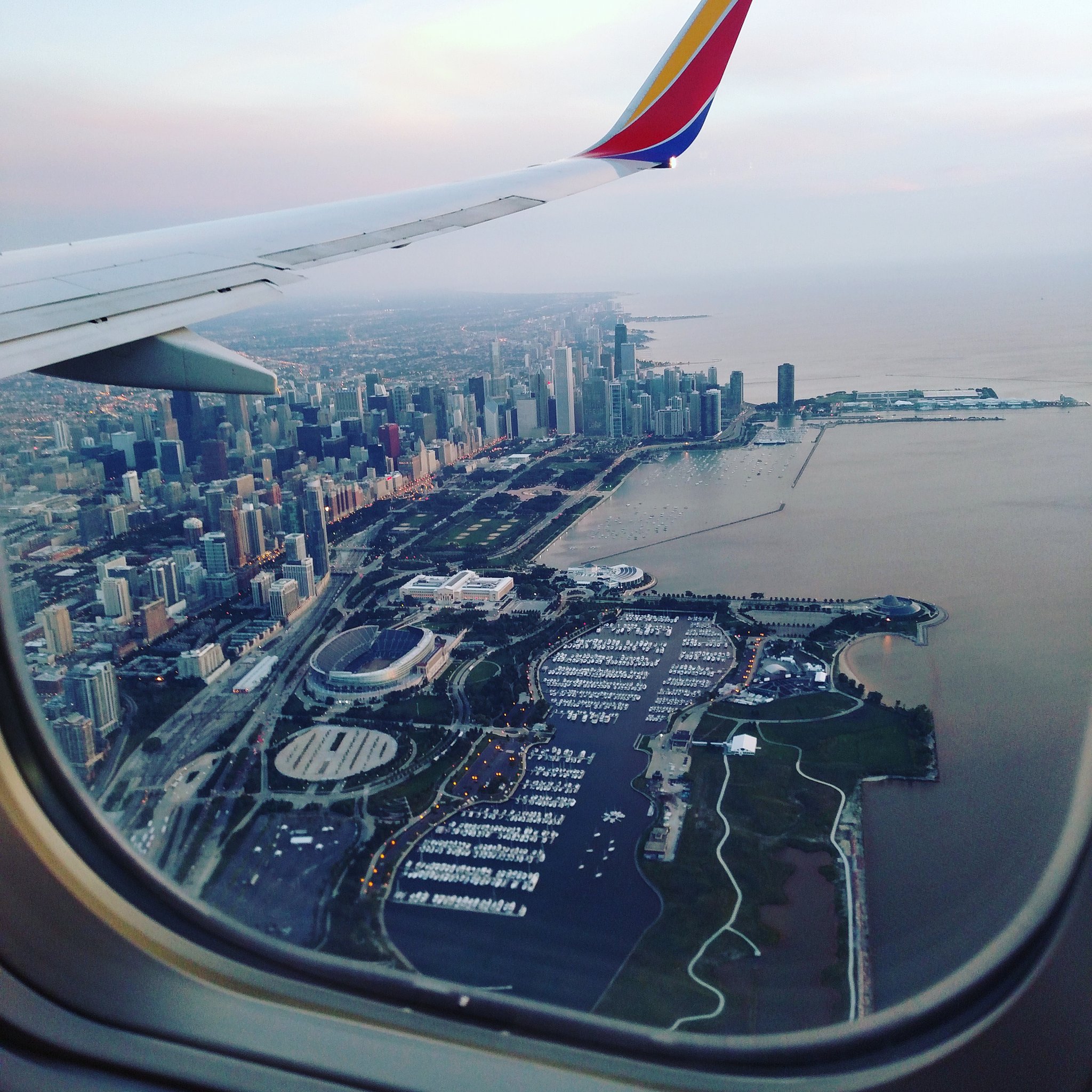Flying over Chicago. If you look closely, you can see Buckingham Fountain!