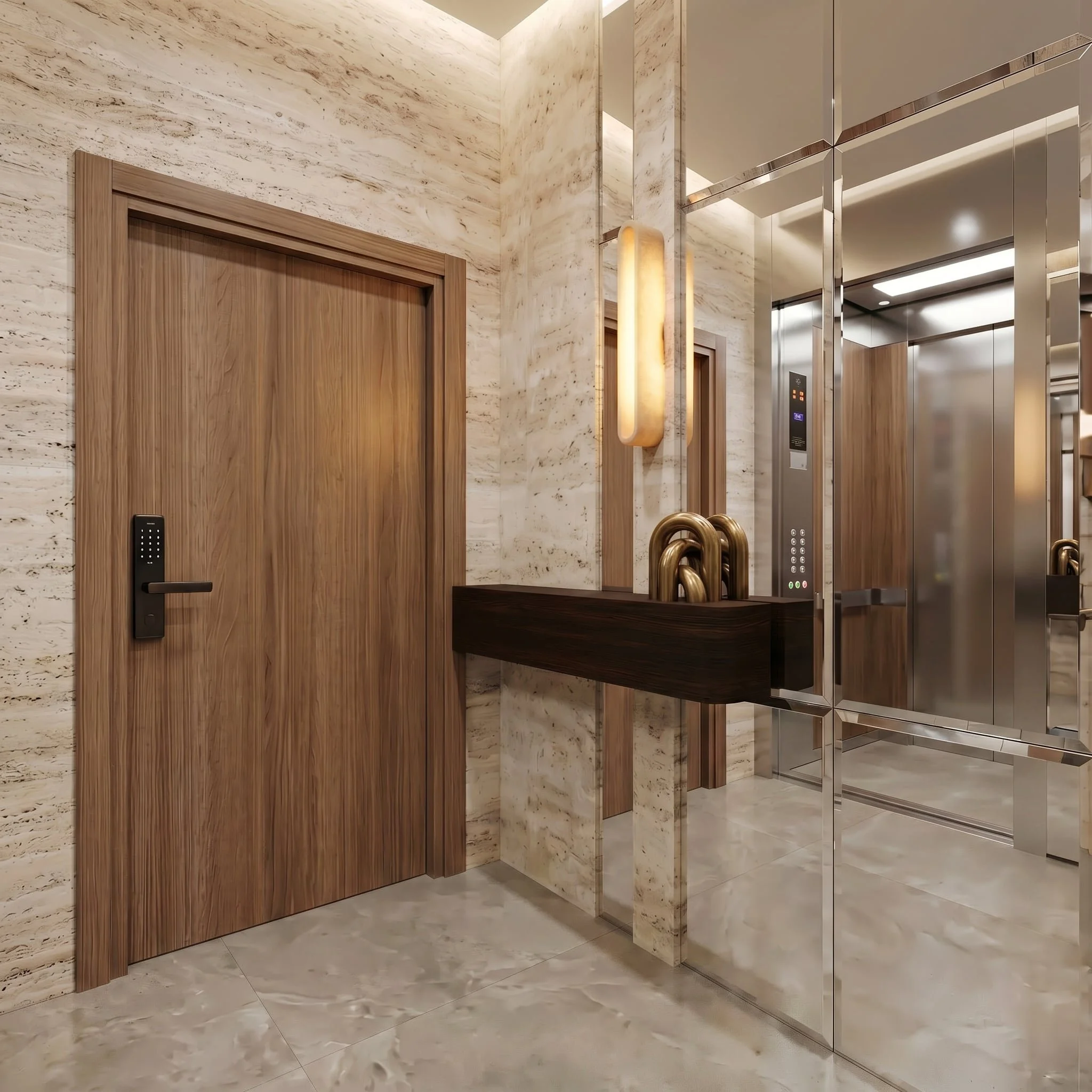 propuesta de diseño interior de un recibidor o foyer, de travertino y espejos en san pedro sula Honduras, diseño por el arquitecto Carlos Lopez Mag