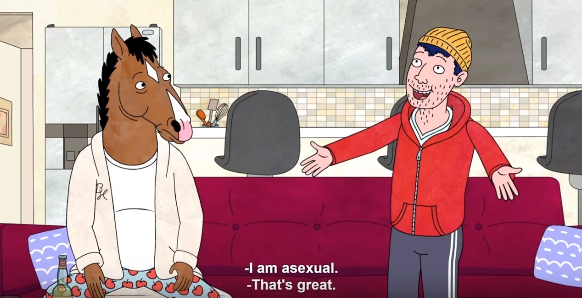 Screencap of Todd vocalizing his asexuality in this scene from BoJack Horseman Season 4. ( Source )