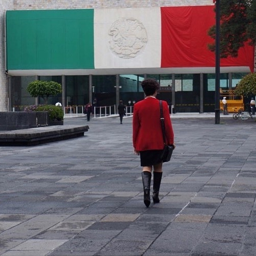 Photographie de Bella devant le Musée national d’anthropologie de Mexico, dos à la caméra, se dirigeant vers l’entrée. Le musée arbore un drapeau mexicain qui couvre toute sa devanture.