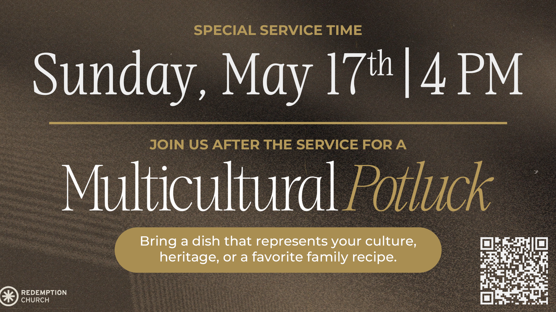 Evening Service at 4 PM and Multicultural Potluck