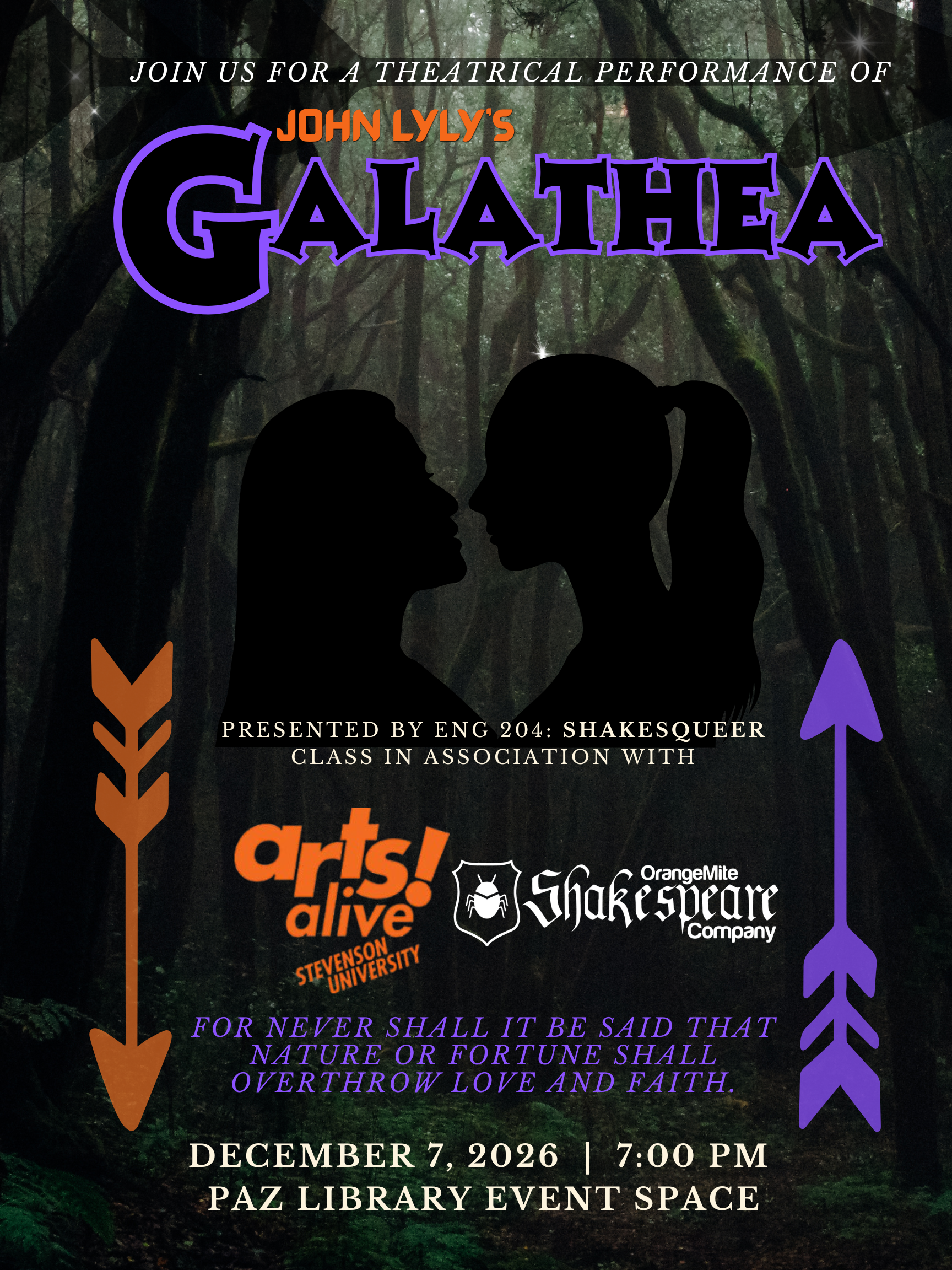 An image of the Galathea by John Lyly poster for the OrangeMite Shakespeare Company and Stevenson University