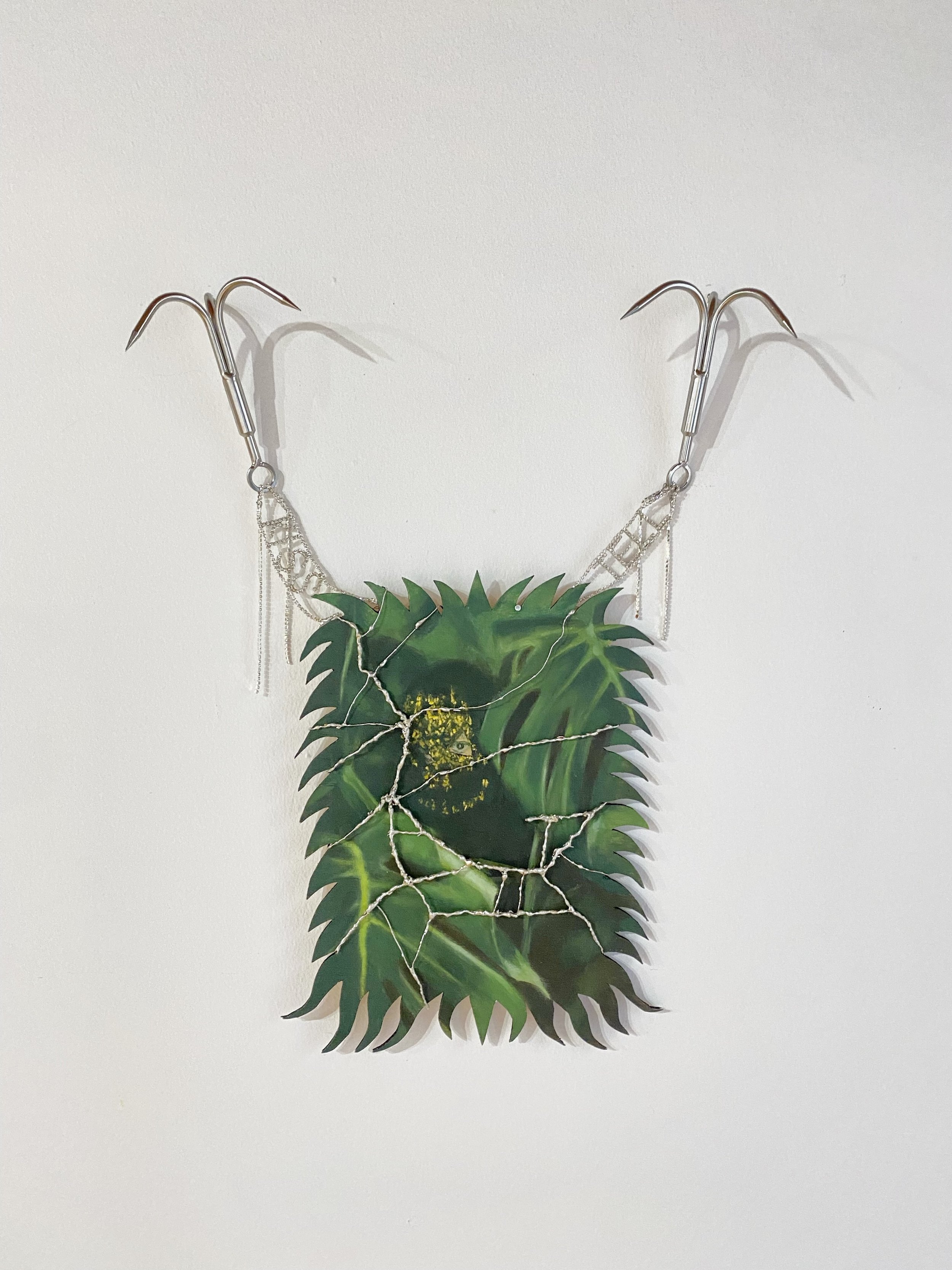  oil on panel, rhinestone chain, grappling hooks, solder 