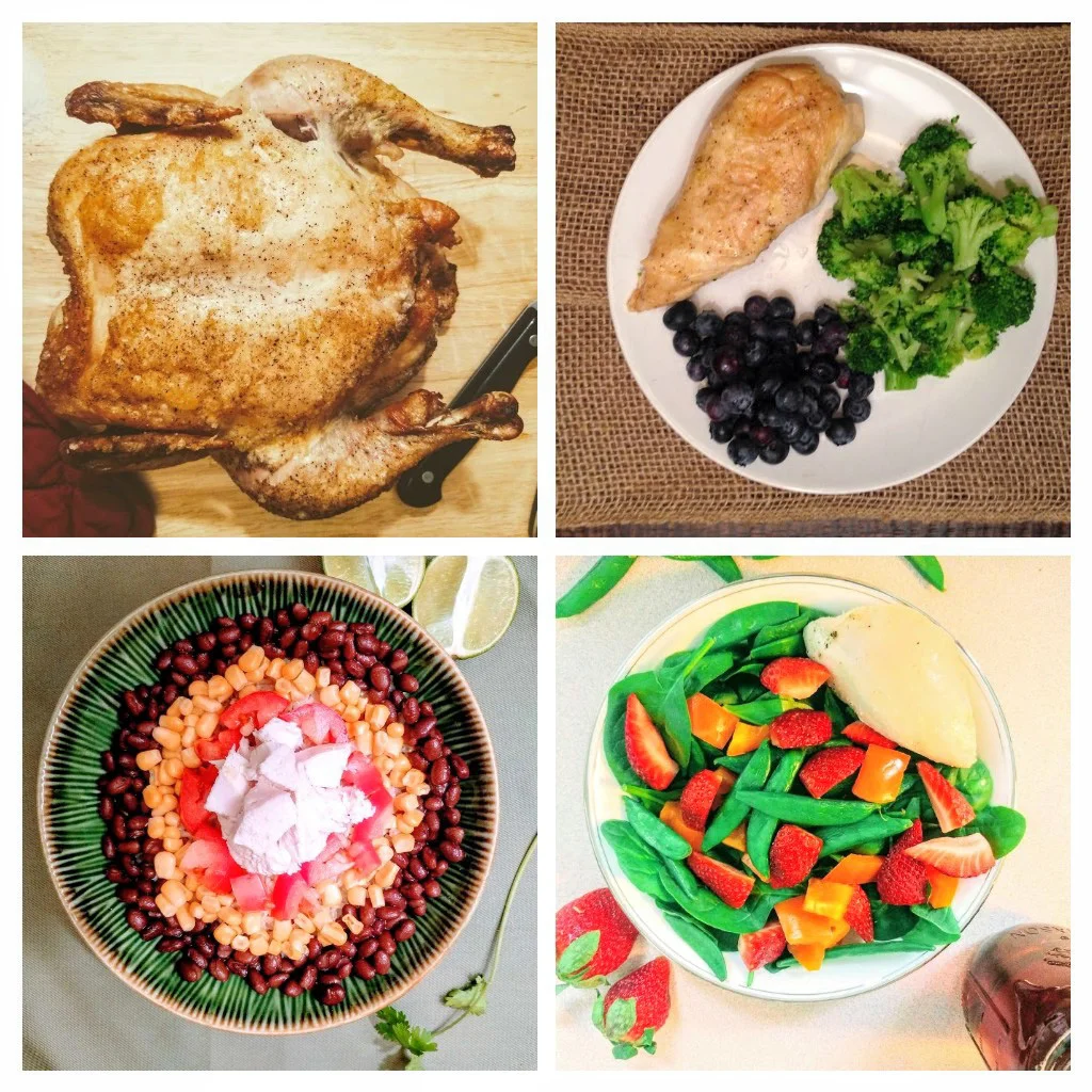 3 Ingredient Roasted Chicken: Served 3 ways: Chicken breast with broccoli and blueberries, Brown rice Fiesta Bowl, and Colorful Spinach & Sugar Snap Pea Salad.