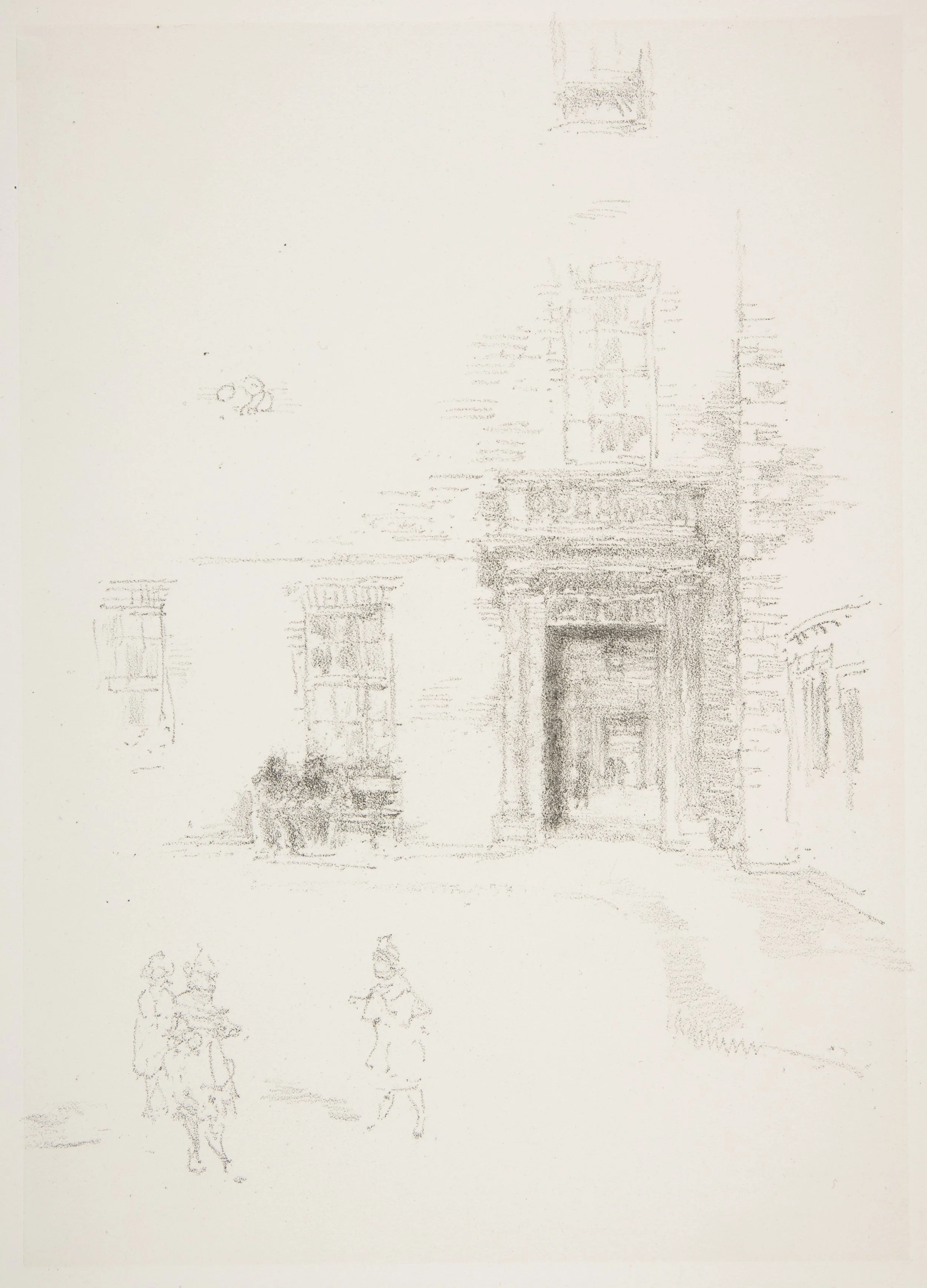 Courtyard, Chelsea Hospital, James McNeill Whistler. 1888, London. Lithograph with stumping; printed on black ink on grayish white chine mounted on white plate paper , 13 7/8” × 9 15/16”, print. Photo courtesy of the Metropolitan Museum of Art.