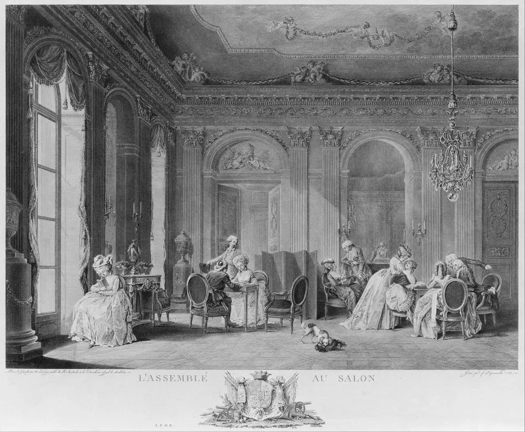 L'Assemblee au Salon, François Nicolas Barthélemy Dequevauviller, French, Abbeville 1745-1807 Paris. Sheet, 16 1/8” x 19 3/4,” print. Photo courtesy of the Metropolitan Museum of Art.