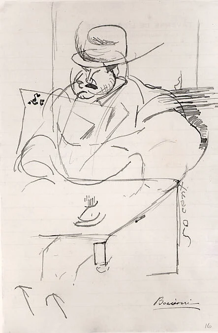 Man at a Café Table, Paris, 1911, Umberto Boccioni, Italian, Reggio 1882–1916 Sorte.Ink on paper, 8 1/8” x 5 3/8,” drawing. Photo courtesy of the Metropolitan Museum of Art.