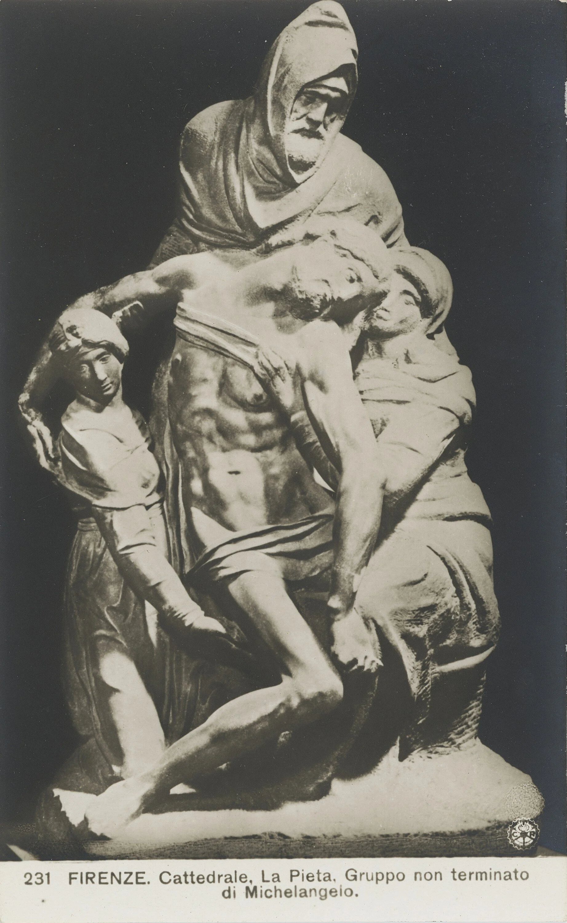 231. Firenze. Cattedrale, La Pieta, Gruppo non terminato di Michelangelo, (Italian 1907-1914). Cardstock picture postcard, 5.51” x 3.54”, on paper. Courtesy of Trinity College, Watkinson Library.