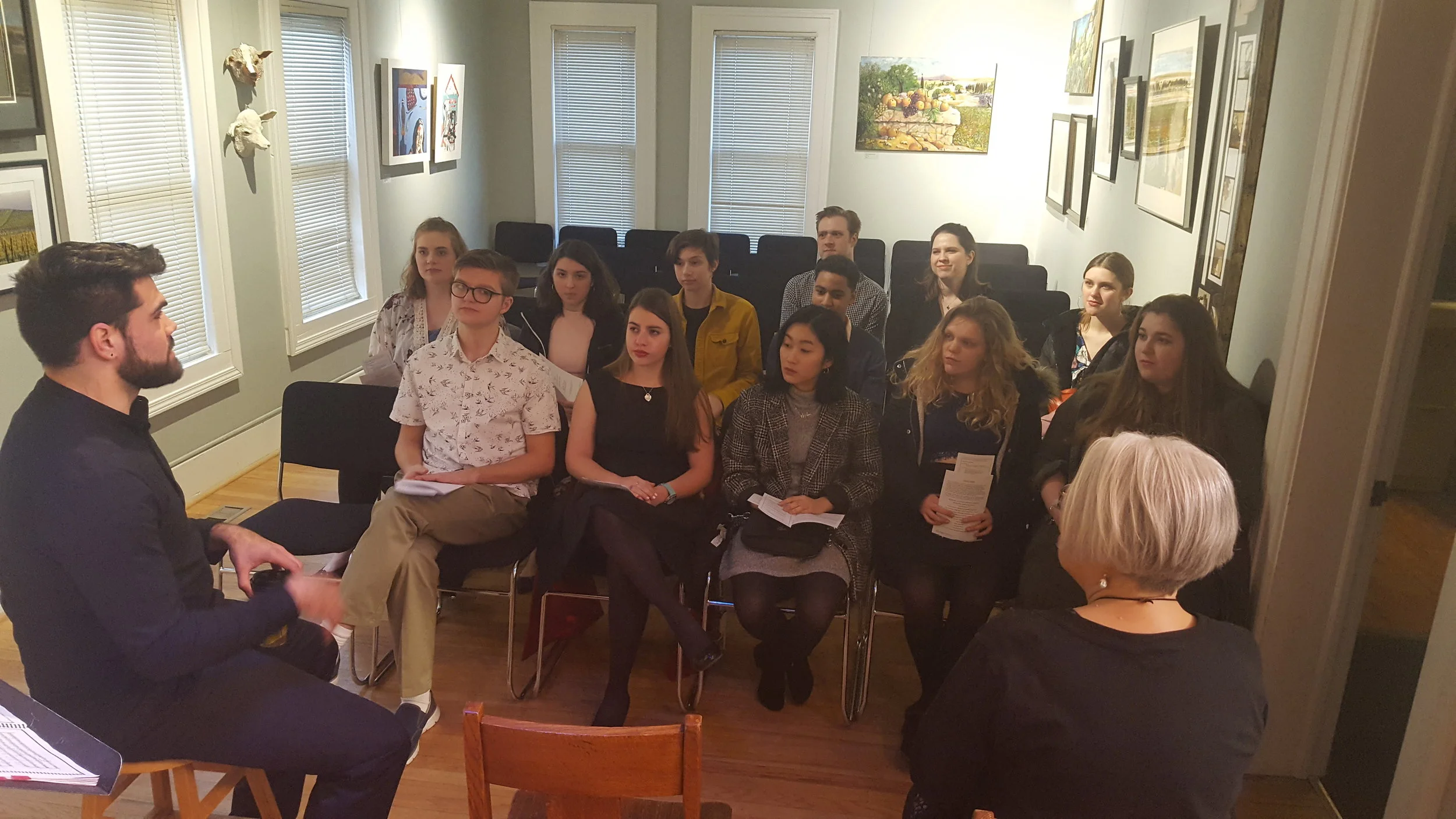 ÆPEX Music Director Kevin Fitzgerald and As One director Kathy Kelly speaking with students from the Interlochen Arts Academy in April 2018