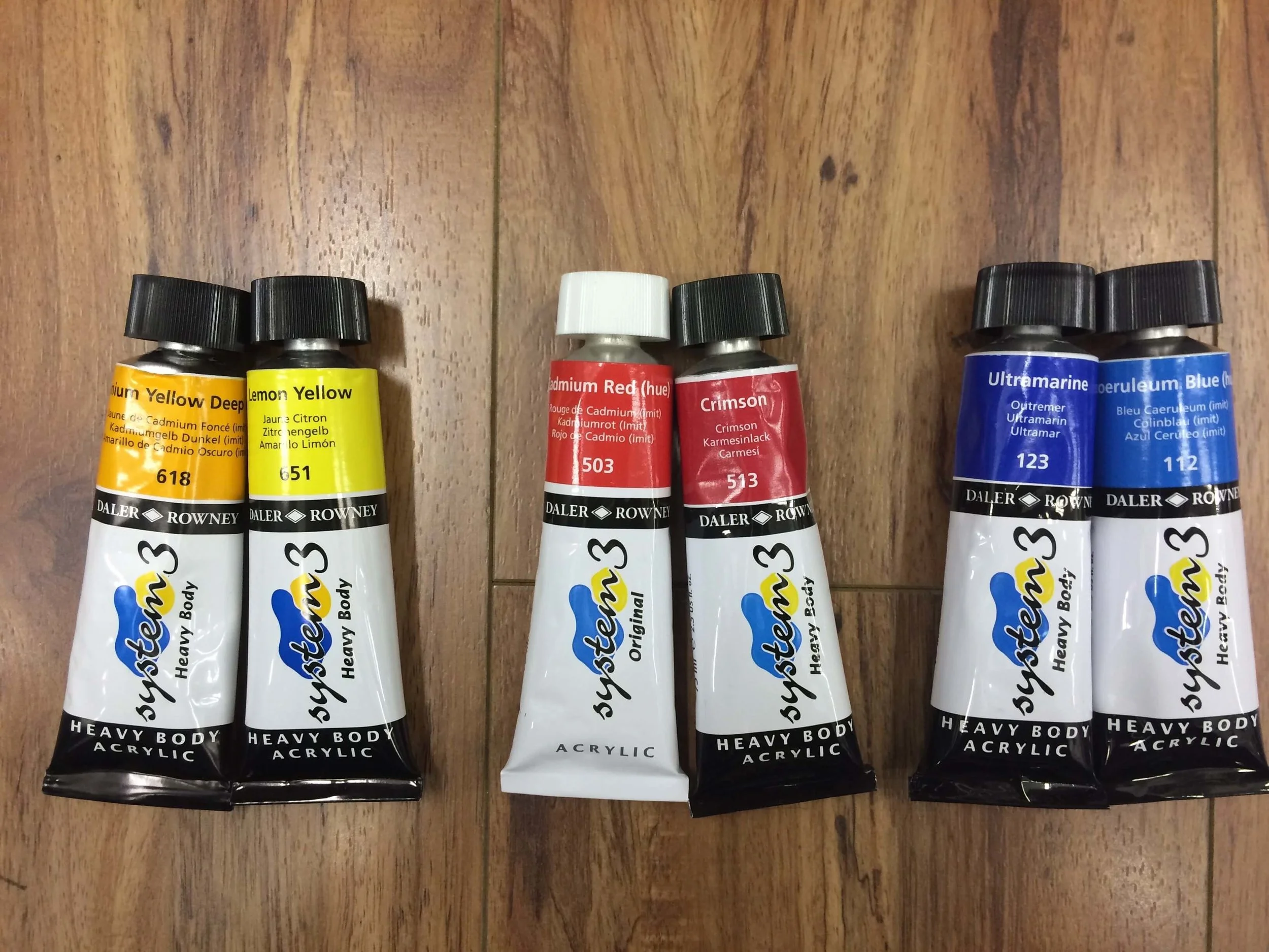  Daler Rowney | Heavy Body Acrylic : Cadmium Yellow Deep, Lemon Yellow, Cadmium Red (hue), Crimson, Ultramarine, Coeruleum Blue (hue).