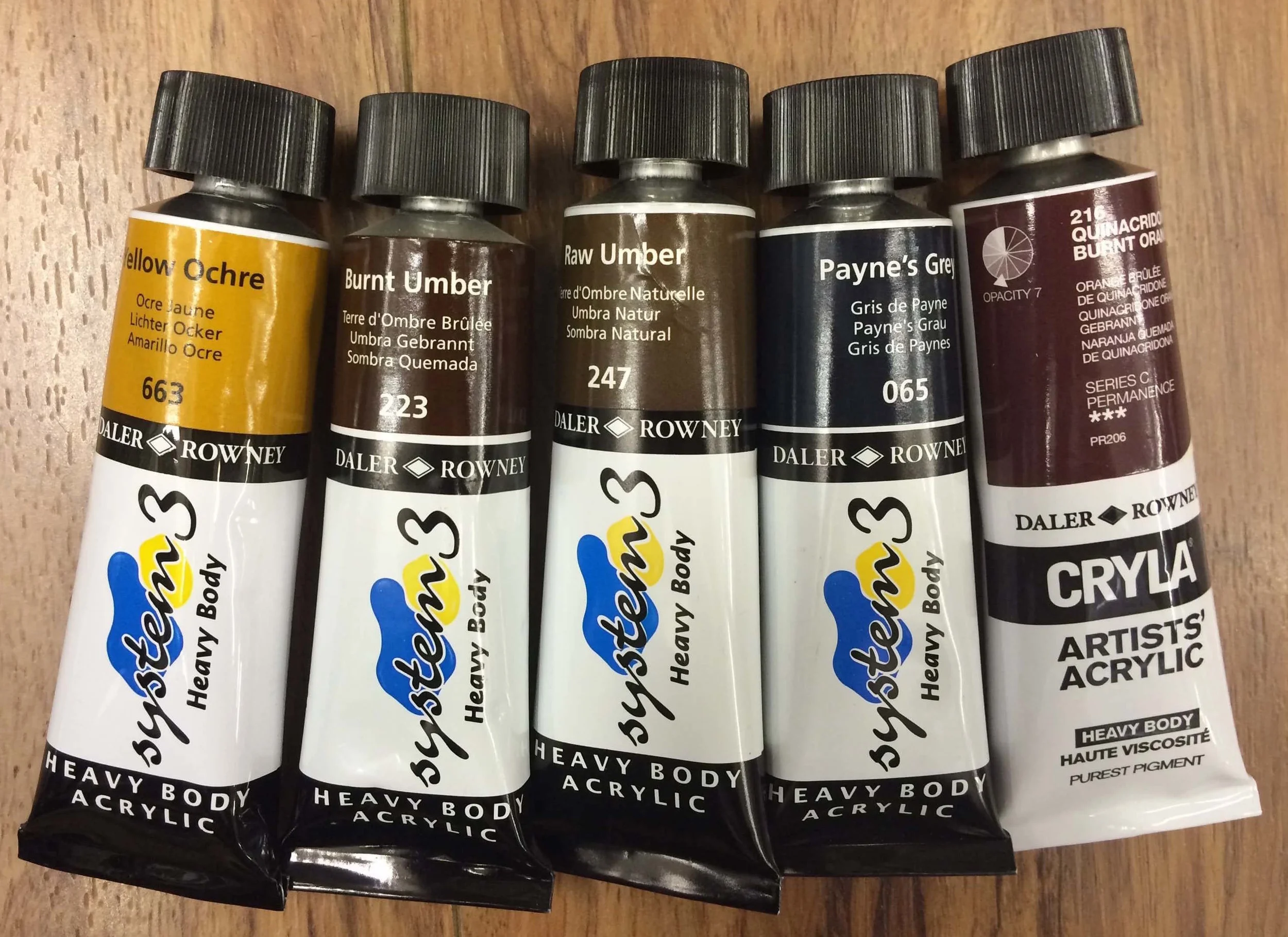  Daler Rowney | Heavy Body Acrylic : Yellow Ochre, Burnt Umber, Raw Umber, Payne's Grey, Quinacridone Burnt Orange (CRYLA - Artists' Quality)