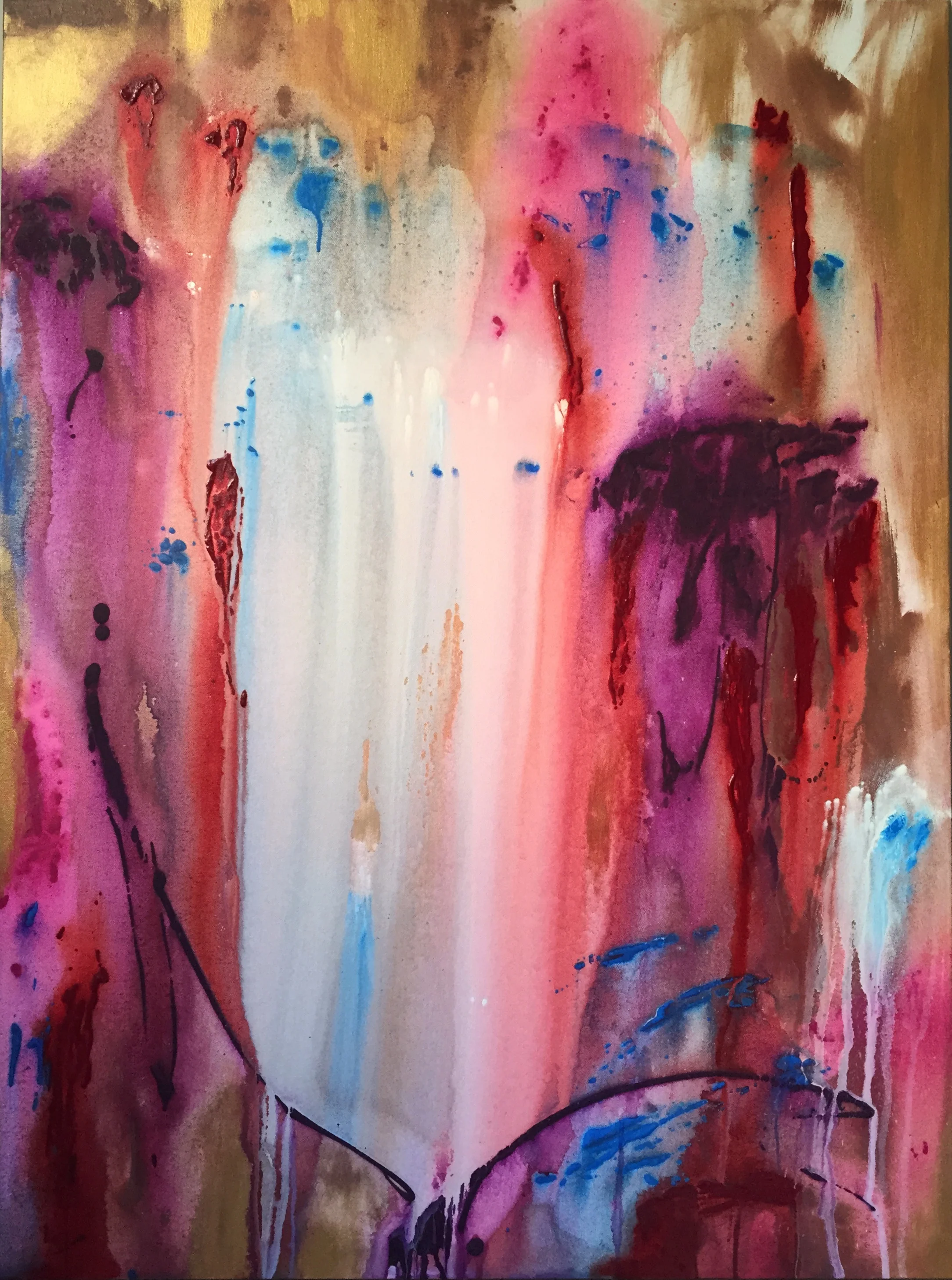UNTITLED (BERRY COLORS OVER GOLD). 2015. 36"x48". Acrylic on canvas.